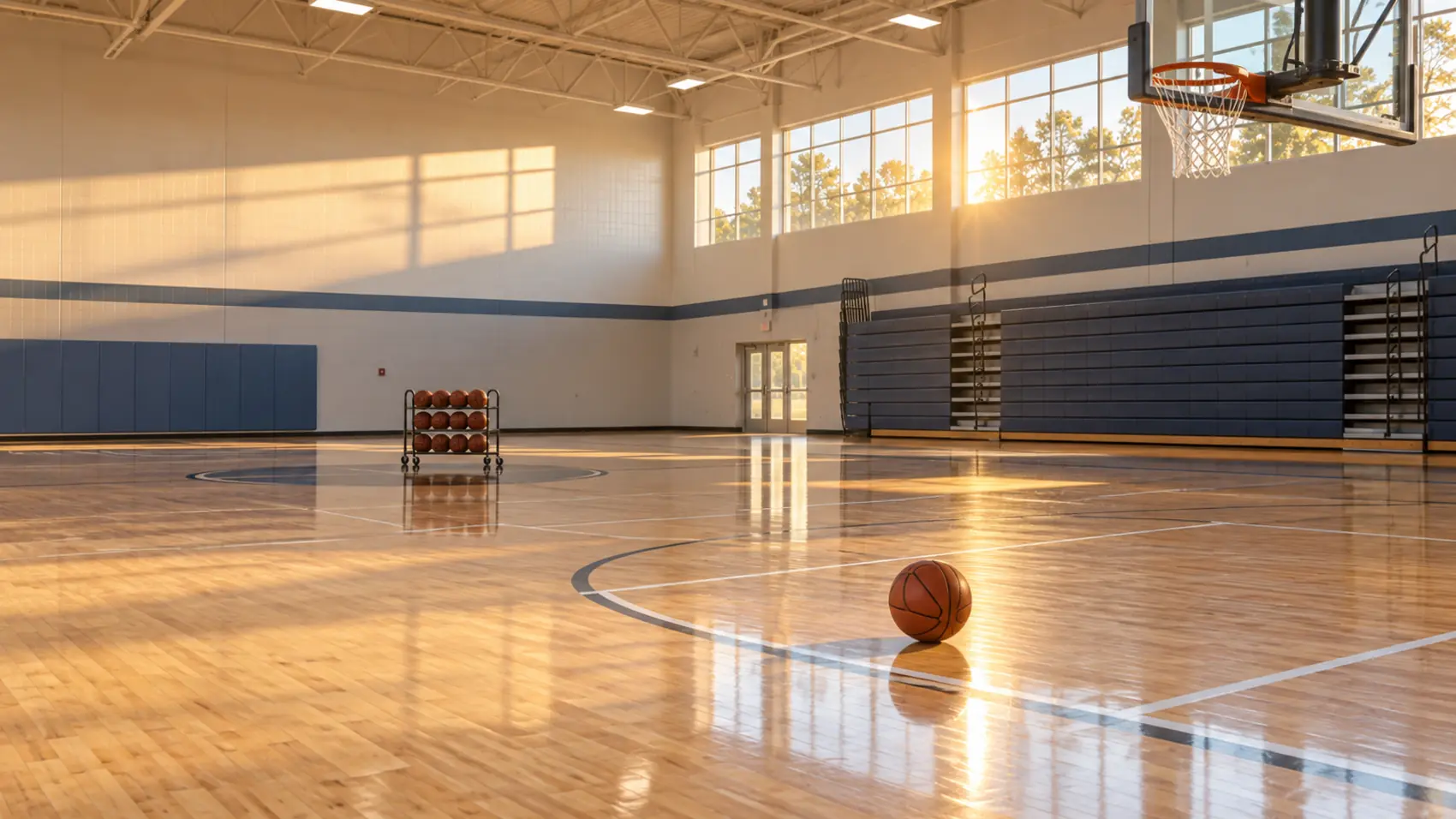 An empty high school gym at dusk, the hardwood lit by the last light through high windows, a ball resting at the free-throw line.