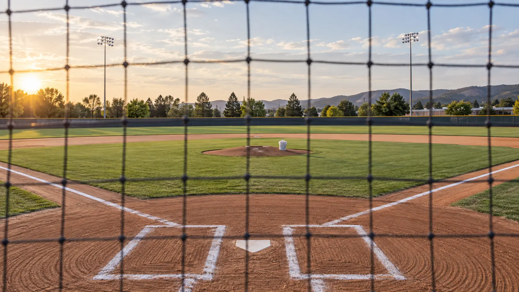 An empty baseball diamond from behind home plate, the infield dirt freshly dragged.