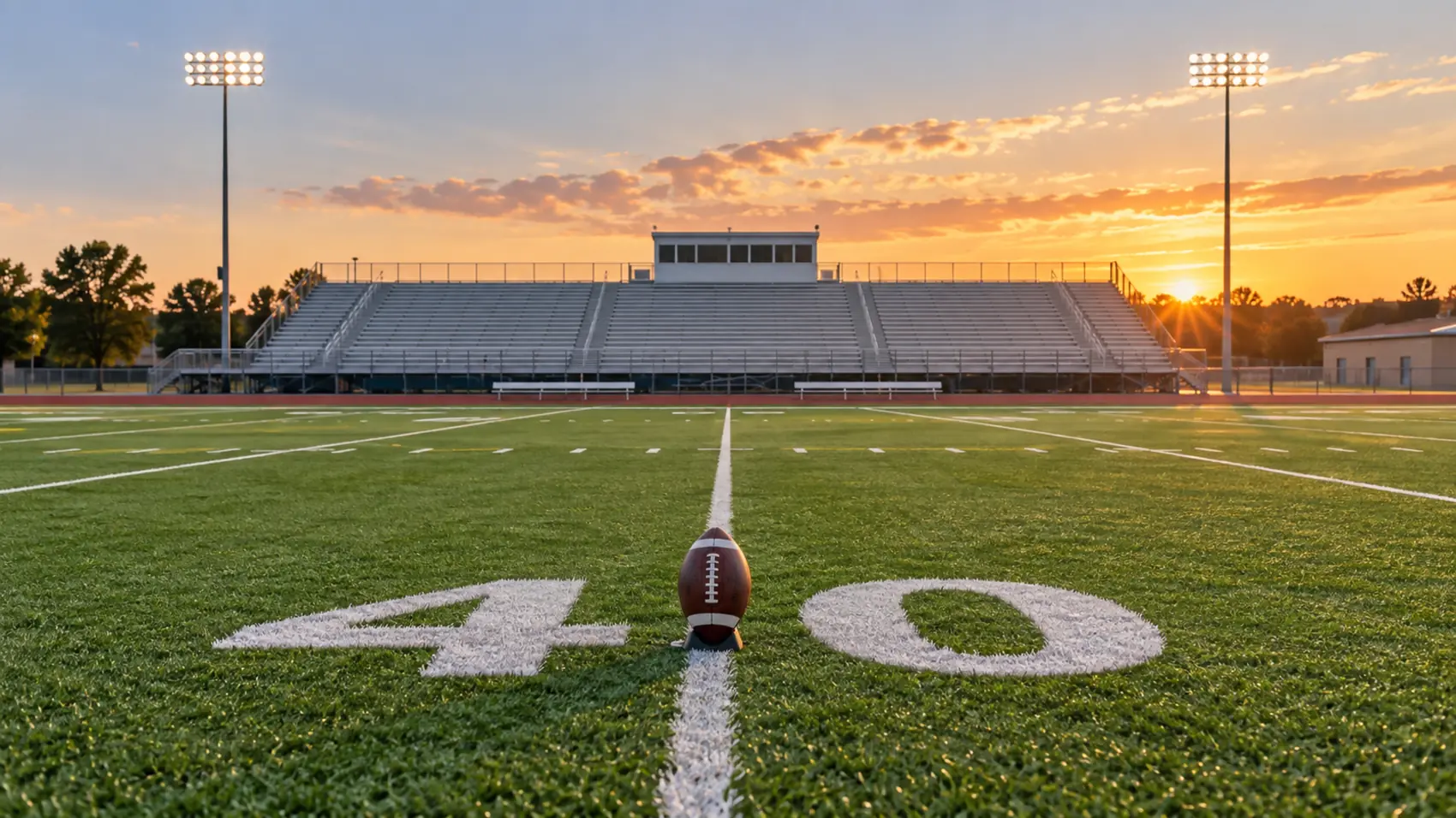 An empty football field under stadium lights, a ball on a tee at the forty-yard line.