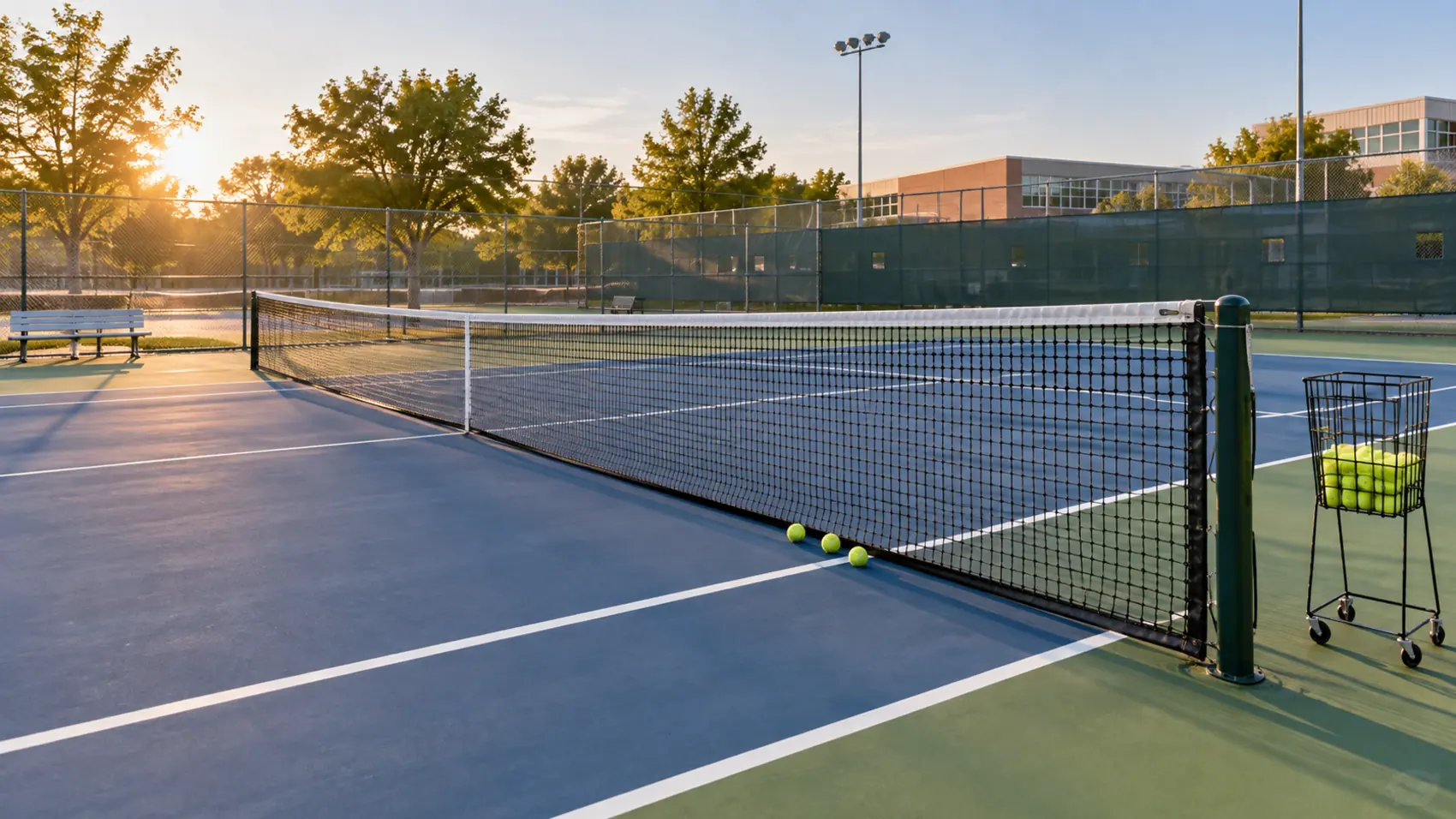 An empty tennis court in soft afternoon light, a few balls resting against the net.